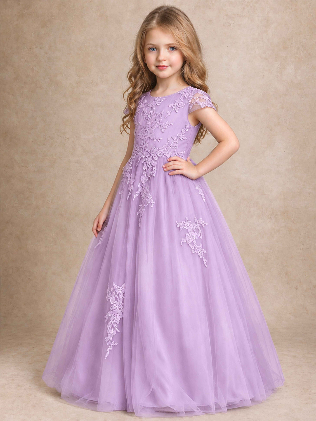 Cap Sleeve Lace Applique Tulle Flower Girl Dress Kids Wedding Party Princess Gown