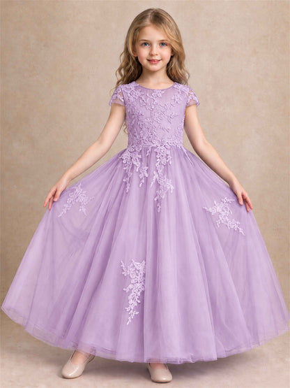 Cap Sleeve Lace Applique Tulle Flower Girl Dress Kids Wedding Party Princess Gown