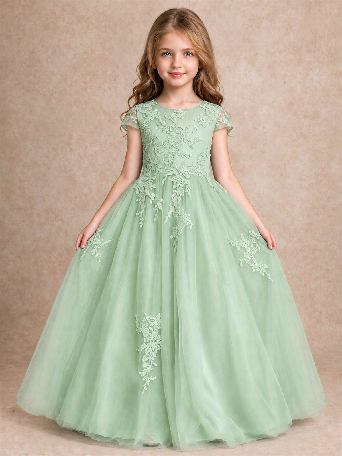 Cap Sleeve Lace Applique Tulle Flower Girl Dress Kids Wedding Party Princess Gown