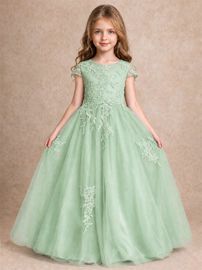 Cap Sleeve Lace Applique Tulle Flower Girl Dress Kids Wedding Party Princess Gown