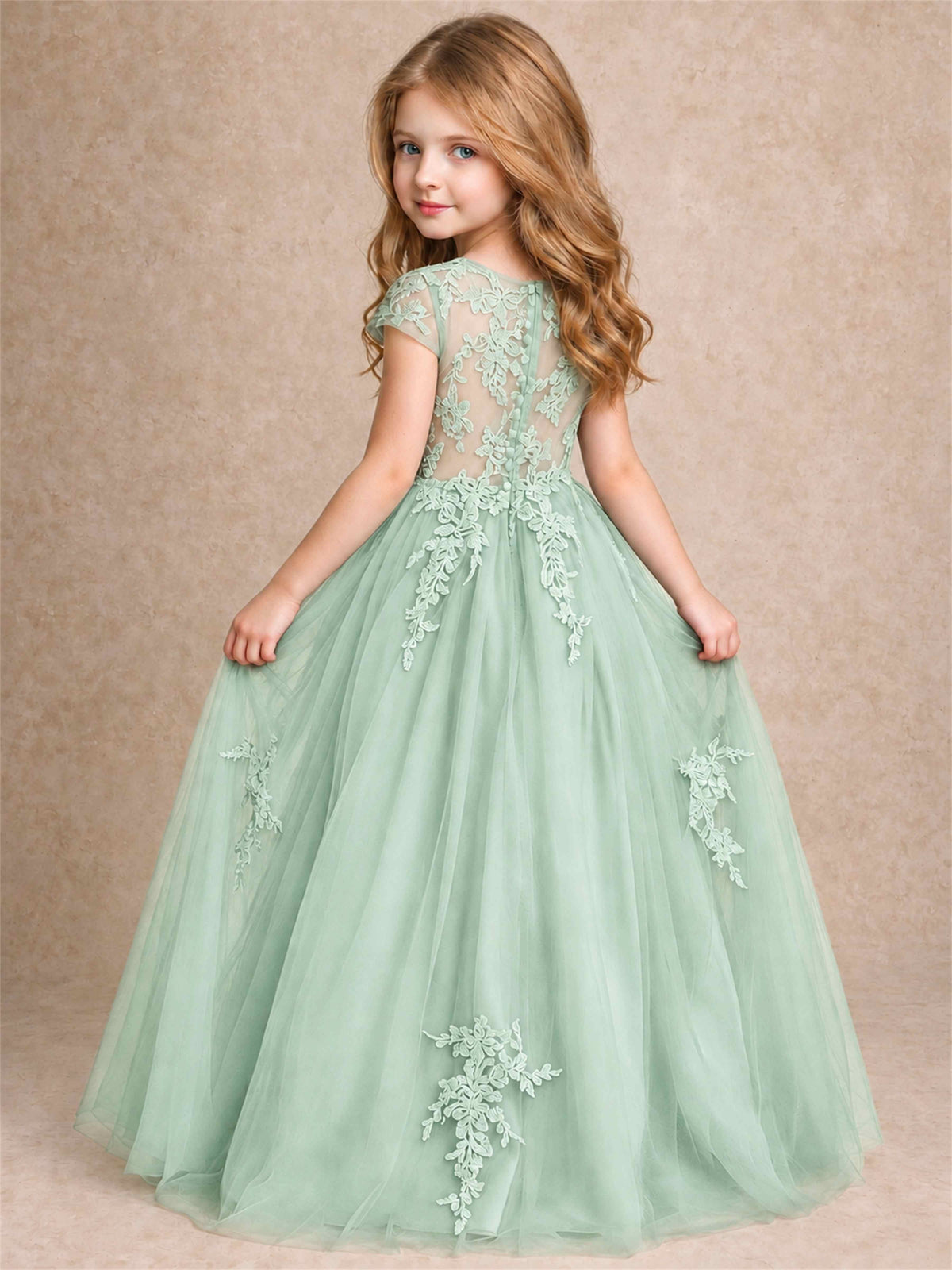 Cap Sleeve Lace Applique Tulle Flower Girl Dress Kids Wedding Party Princess Gown
