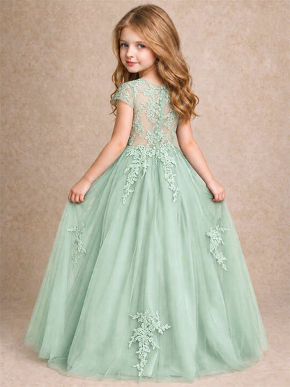 Cap Sleeve Lace Applique Tulle Flower Girl Dress Kids Wedding Party Princess Gown