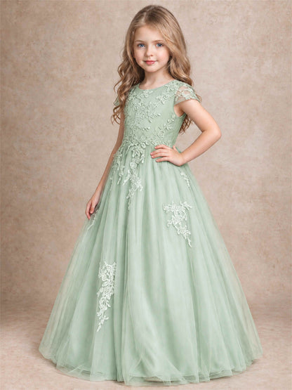 Cap Sleeve Lace Applique Tulle Flower Girl Dress Kids Wedding Party Princess Gown