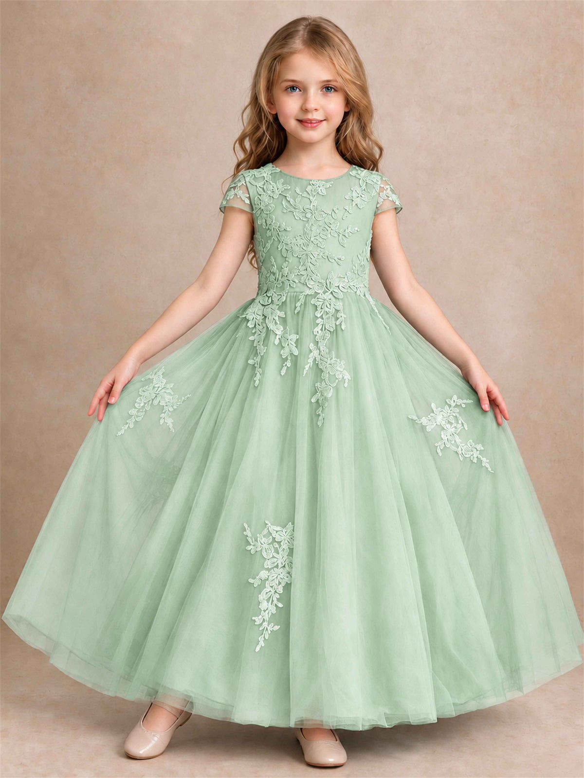 Cap Sleeve Lace Applique Tulle Flower Girl Dress Kids Wedding Party Princess Gown