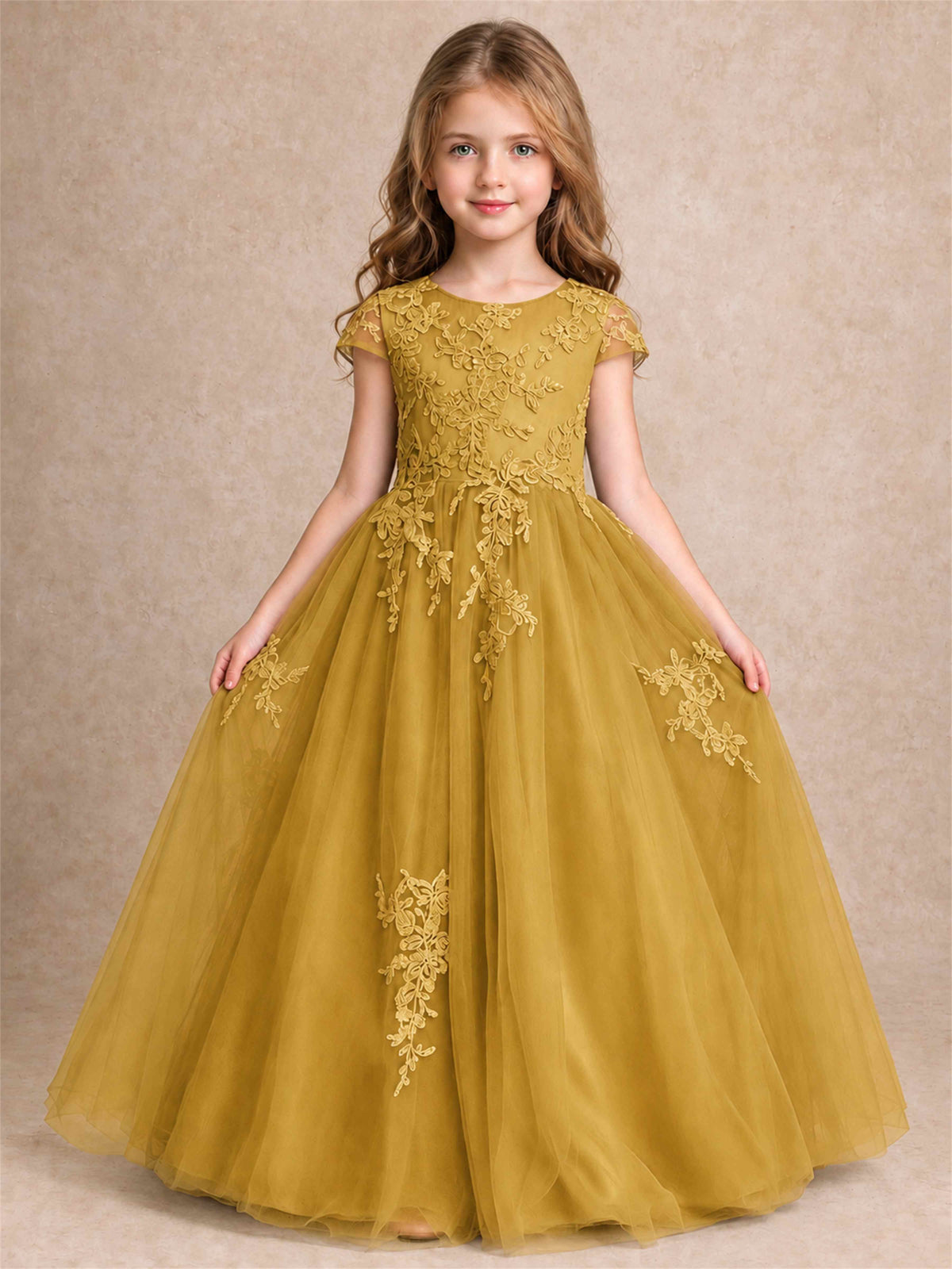 Cap Sleeve Lace Applique Tulle Flower Girl Dress Kids Wedding Party Princess Gown