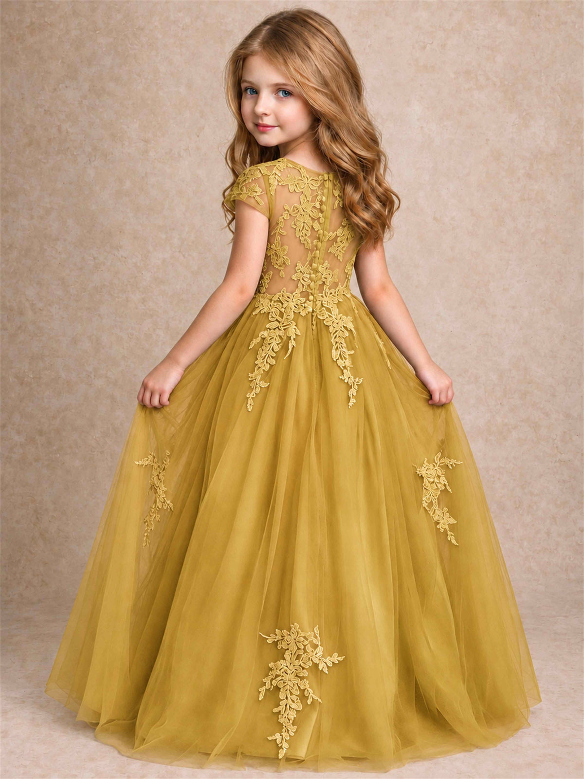 Cap Sleeve Lace Applique Tulle Flower Girl Dress Kids Wedding Party Princess Gown