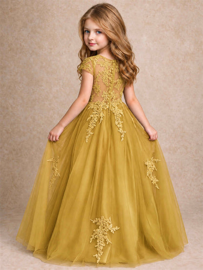 Cap Sleeve Lace Applique Tulle Flower Girl Dress Kids Wedding Party Princess Gown