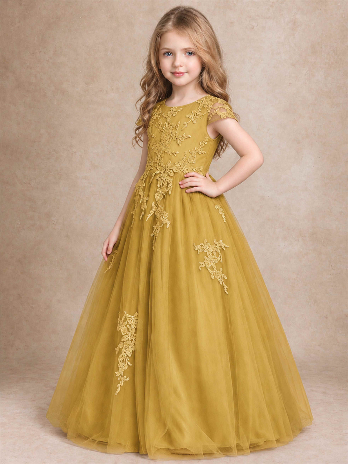 Cap Sleeve Lace Applique Tulle Flower Girl Dress Kids Wedding Party Princess Gown