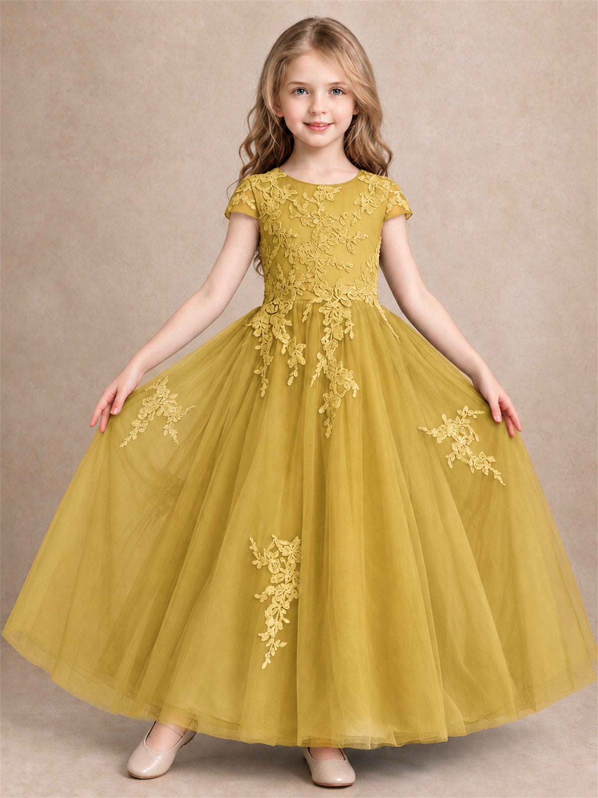 Cap Sleeve Lace Applique Tulle Flower Girl Dress Kids Wedding Party Princess Gown