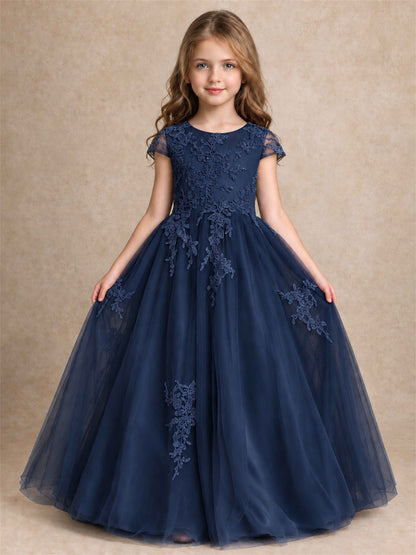 Cap Sleeve Lace Applique Tulle Flower Girl Dress Kids Wedding Party Princess Gown
