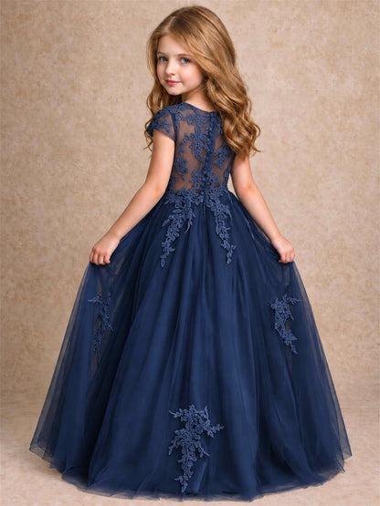 Cap Sleeve Lace Applique Tulle Flower Girl Dress Kids Wedding Party Princess Gown