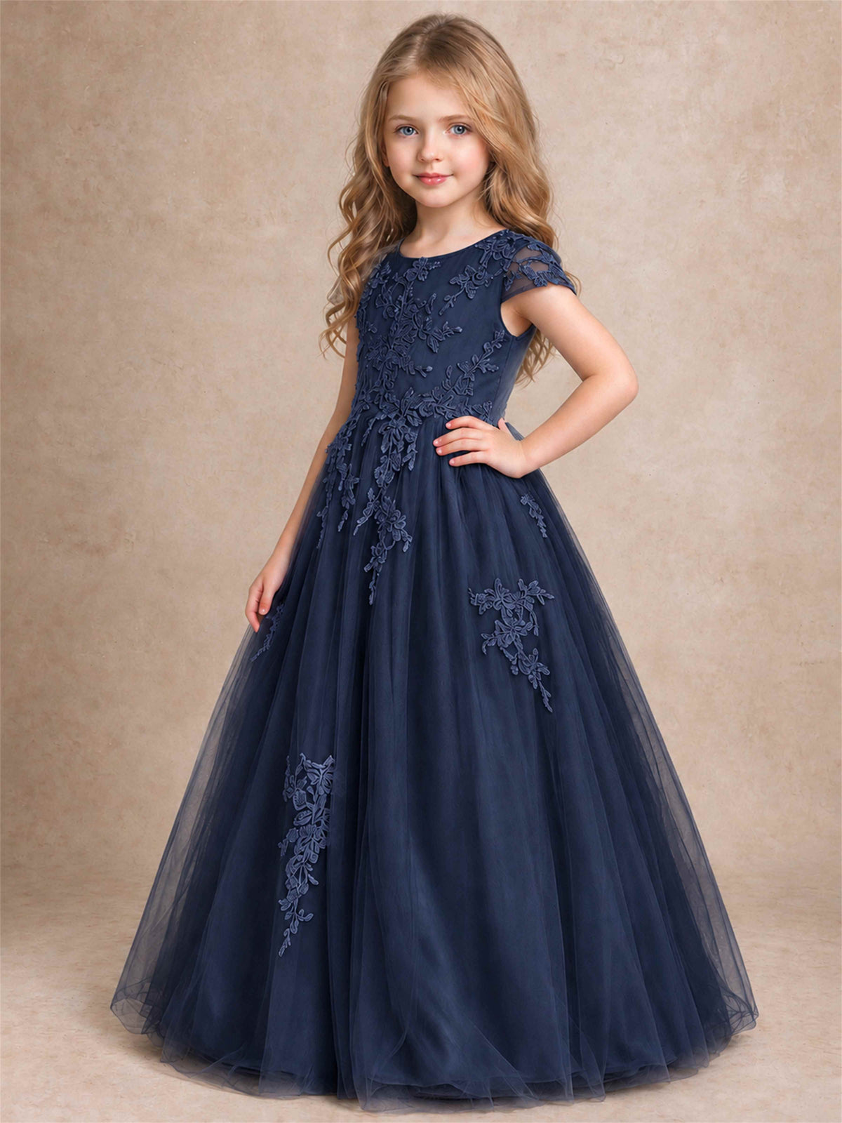 Cap Sleeve Lace Applique Tulle Flower Girl Dress Kids Wedding Party Princess Gown