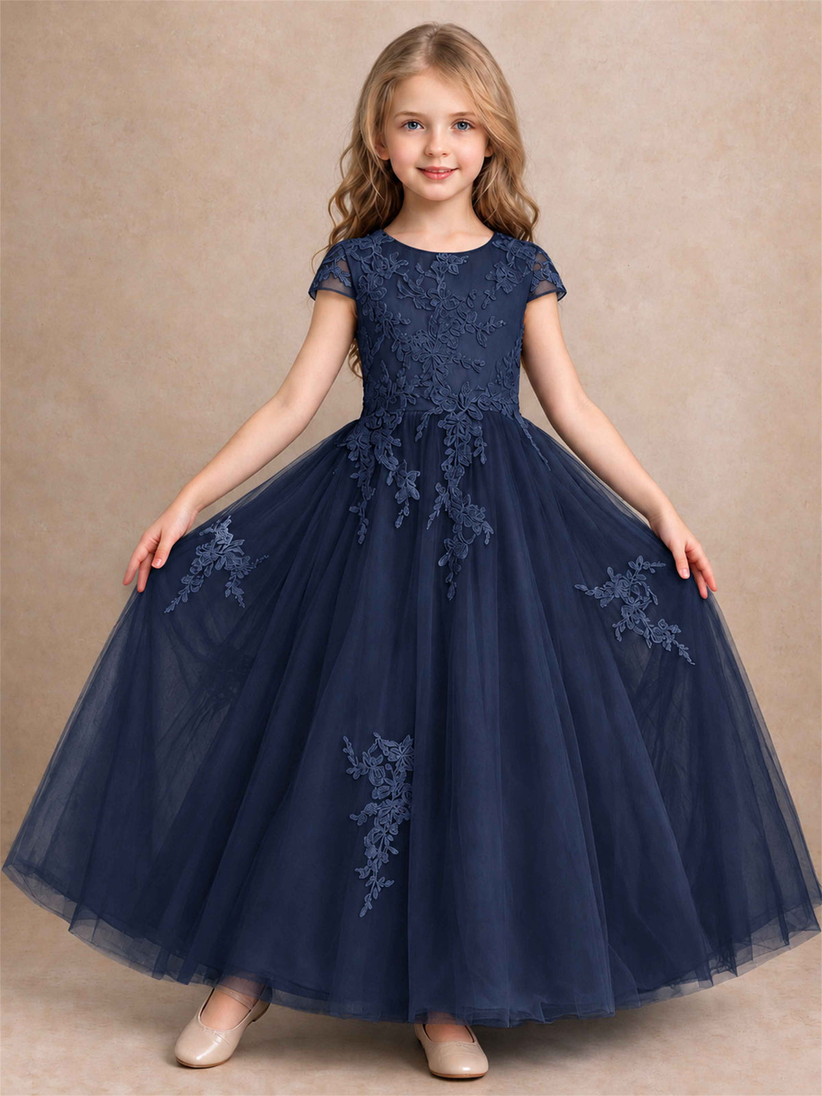 Cap Sleeve Lace Applique Tulle Flower Girl Dress Kids Wedding Party Princess Gown