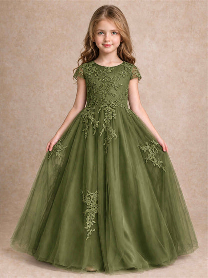 Cap Sleeve Lace Applique Tulle Flower Girl Dress Kids Wedding Party Princess Gown