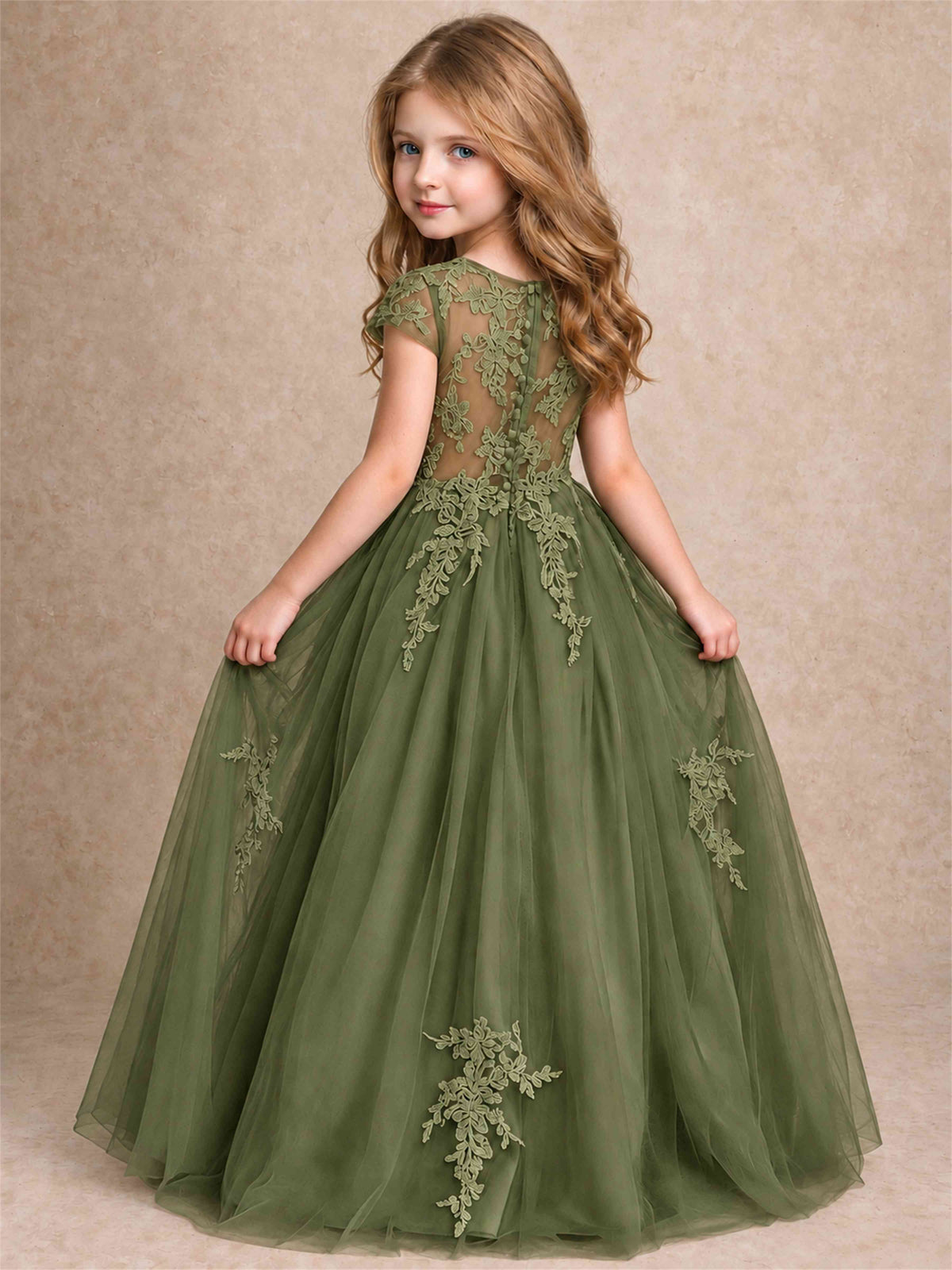 Cap Sleeve Lace Applique Tulle Flower Girl Dress Kids Wedding Party Princess Gown