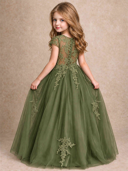 Cap Sleeve Lace Applique Tulle Flower Girl Dress Kids Wedding Party Princess Gown