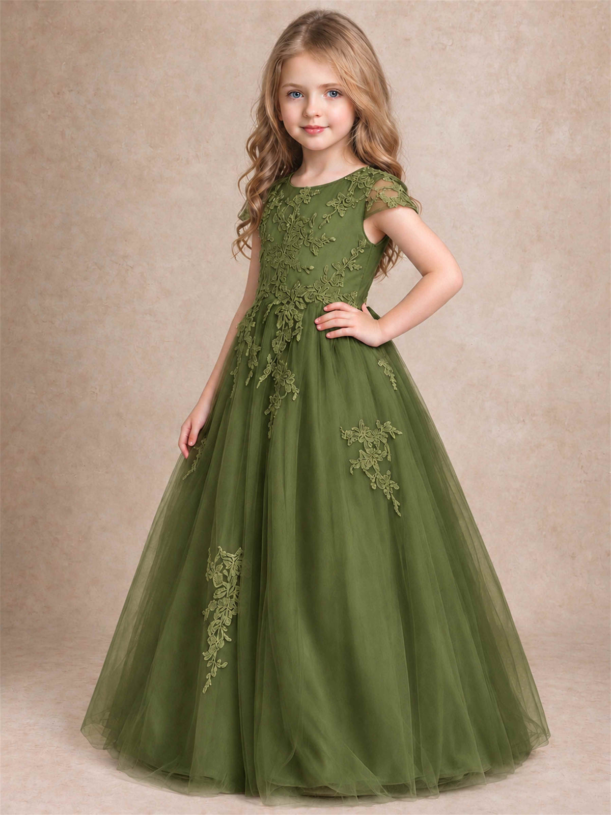 Cap Sleeve Lace Applique Tulle Flower Girl Dress Kids Wedding Party Princess Gown