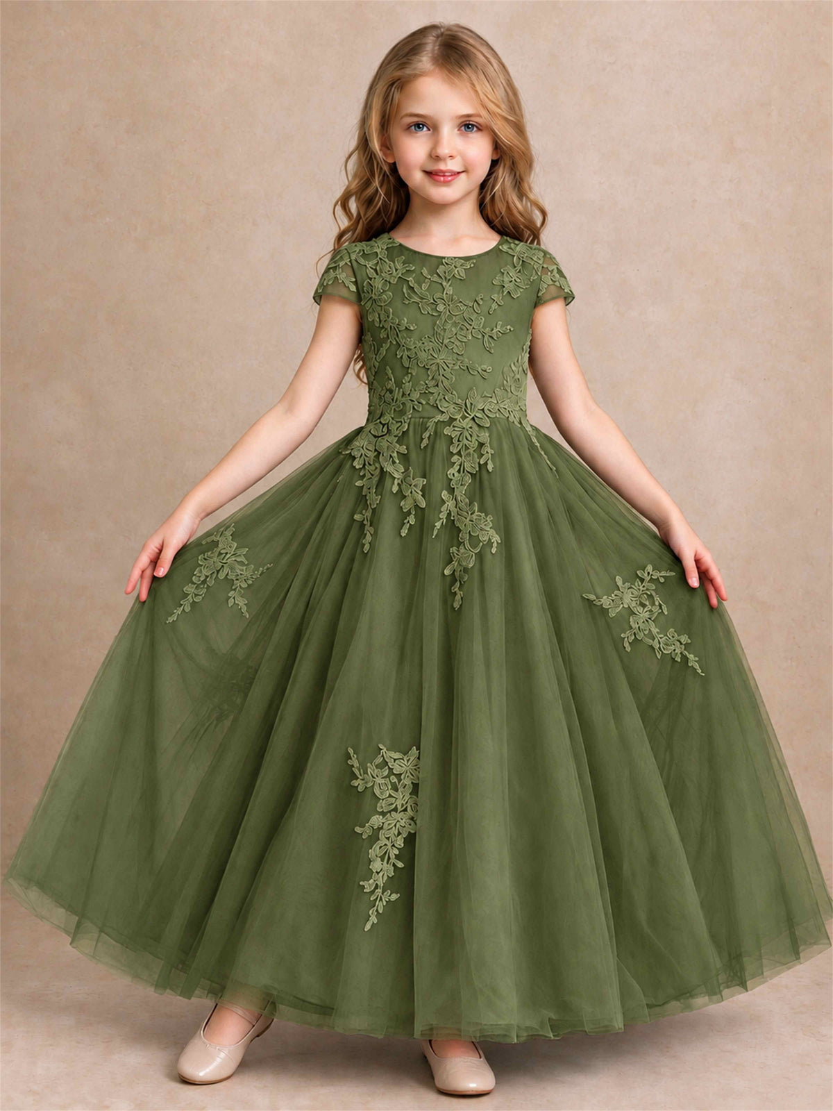 Cap Sleeve Lace Applique Tulle Flower Girl Dress Kids Wedding Party Princess Gown