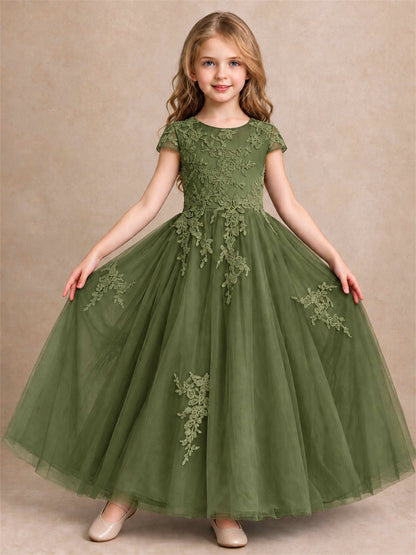 Cap Sleeve Lace Applique Tulle Flower Girl Dress Kids Wedding Party Princess Gown