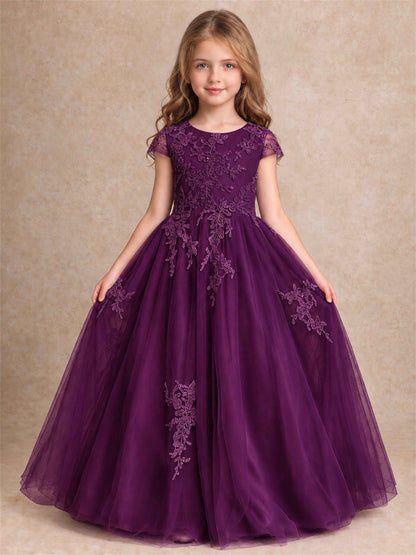 Cap Sleeve Lace Applique Tulle Flower Girl Dress Kids Wedding Party Princess Gown
