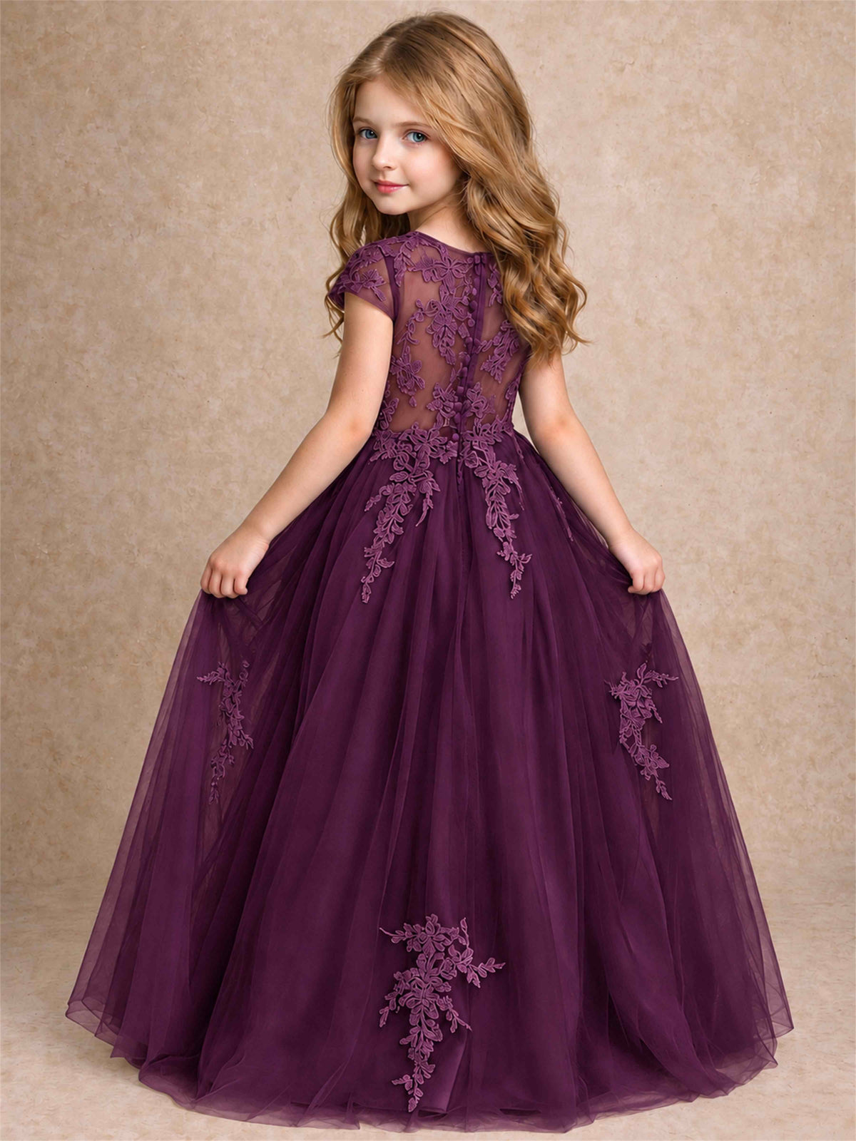 Cap Sleeve Lace Applique Tulle Flower Girl Dress Kids Wedding Party Princess Gown