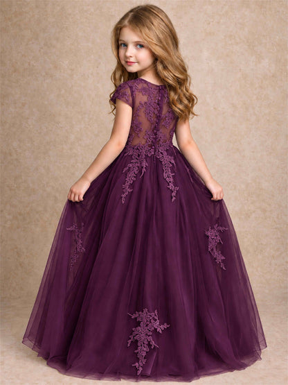 Cap Sleeve Lace Applique Tulle Flower Girl Dress Kids Wedding Party Princess Gown