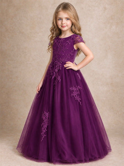 Cap Sleeve Lace Applique Tulle Flower Girl Dress Kids Wedding Party Princess Gown