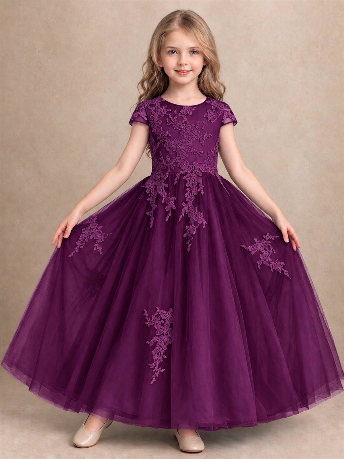 Cap Sleeve Lace Applique Tulle Flower Girl Dress Kids Wedding Party Princess Gown