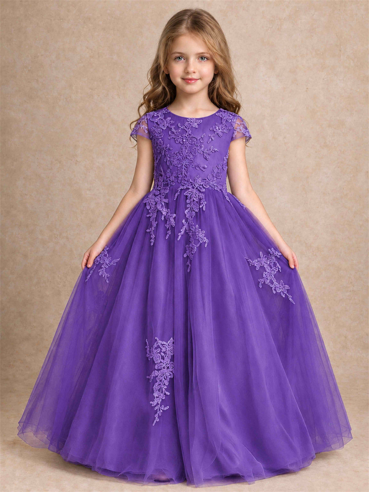 Cap Sleeve Lace Applique Tulle Flower Girl Dress Kids Wedding Party Princess Gown