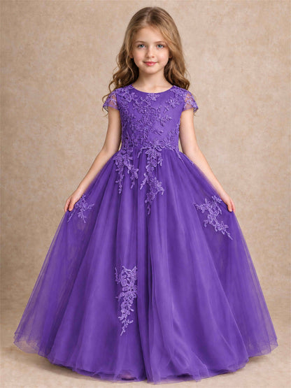 Cap Sleeve Lace Applique Tulle Flower Girl Dress Kids Wedding Party Princess Gown