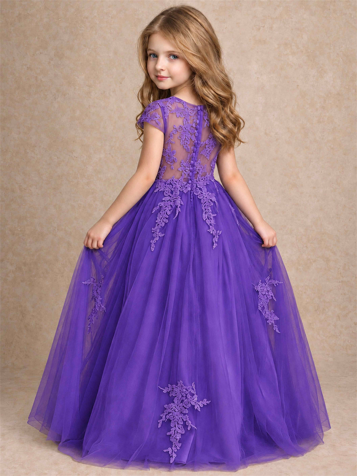 Cap Sleeve Lace Applique Tulle Flower Girl Dress Kids Wedding Party Princess Gown
