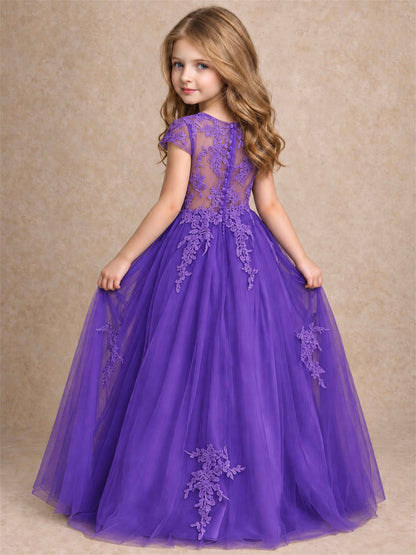 Cap Sleeve Lace Applique Tulle Flower Girl Dress Kids Wedding Party Princess Gown