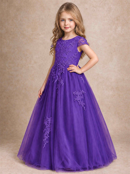Cap Sleeve Lace Applique Tulle Flower Girl Dress Kids Wedding Party Princess Gown