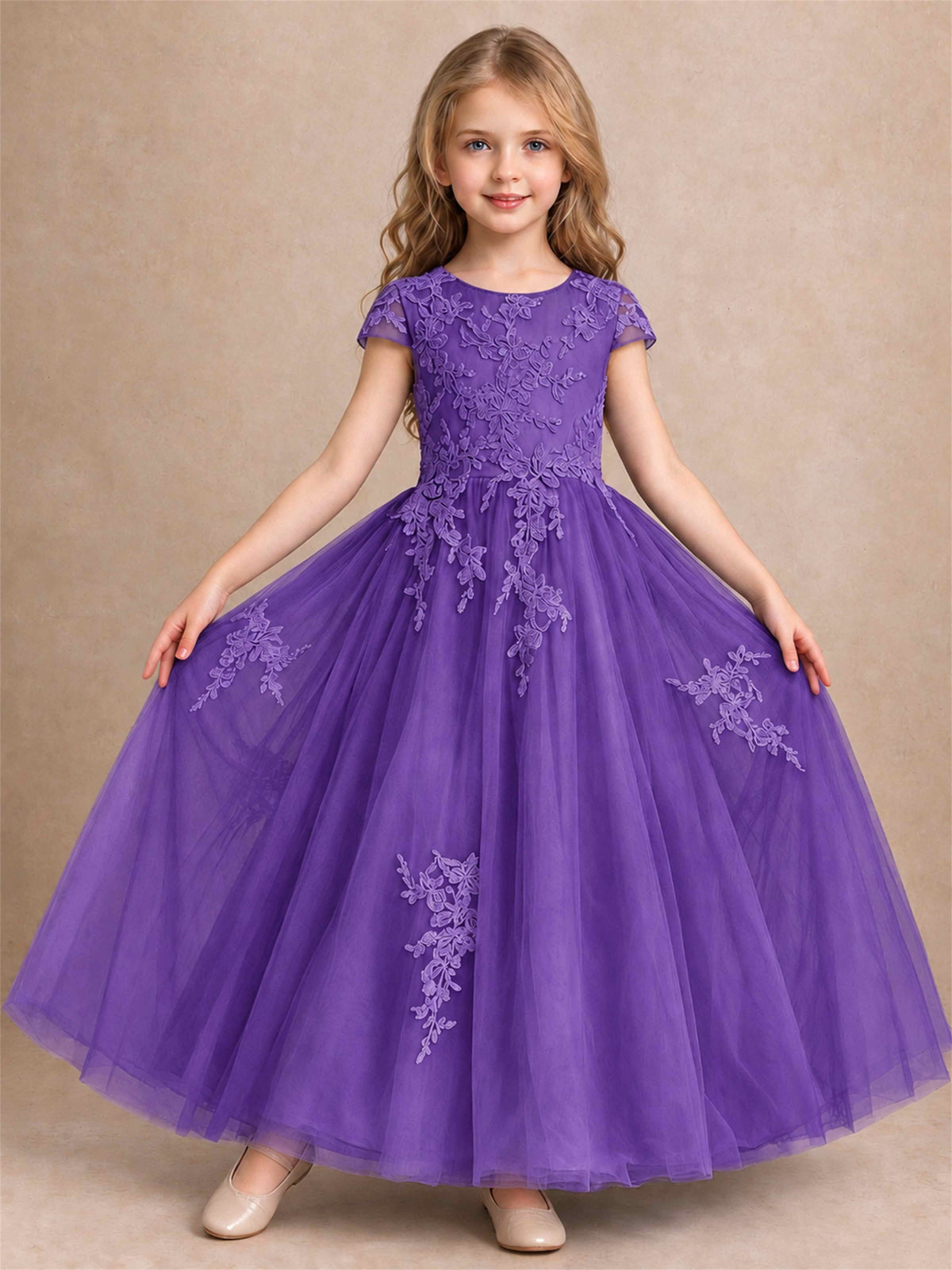 Cap Sleeve Lace Applique Tulle Flower Girl Dress Kids Wedding Party Princess Gown