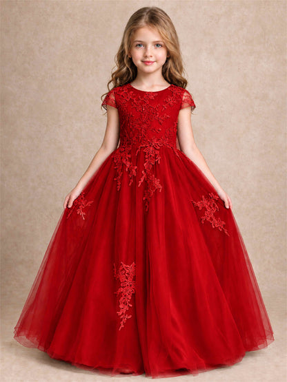 Cap Sleeve Lace Applique Tulle Flower Girl Dress Kids Wedding Party Princess Gown