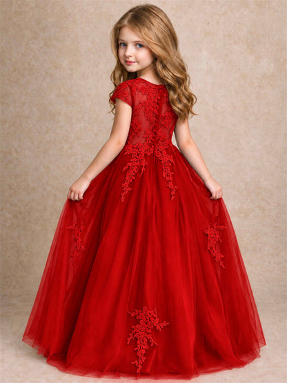 Cap Sleeve Lace Applique Tulle Flower Girl Dress Kids Wedding Party Princess Gown