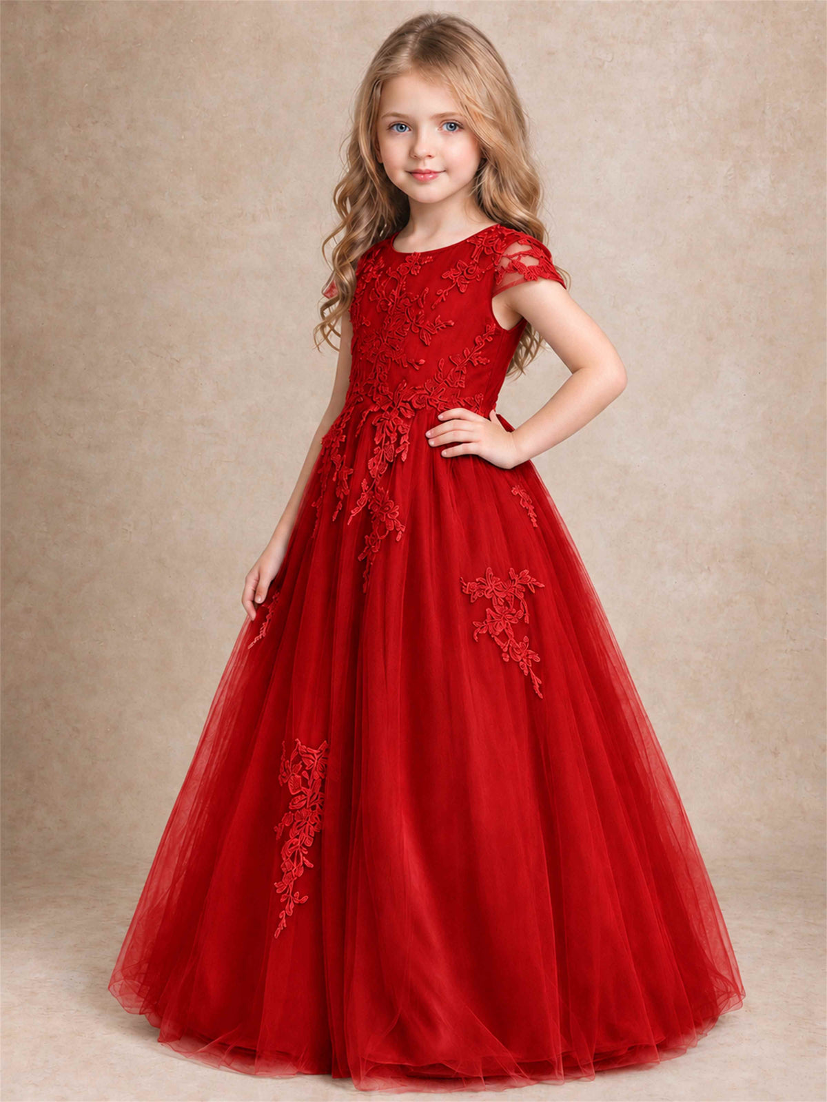 Cap Sleeve Lace Applique Tulle Flower Girl Dress Kids Wedding Party Princess Gown