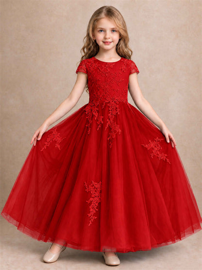 Cap Sleeve Lace Applique Tulle Flower Girl Dress Kids Wedding Party Princess Gown