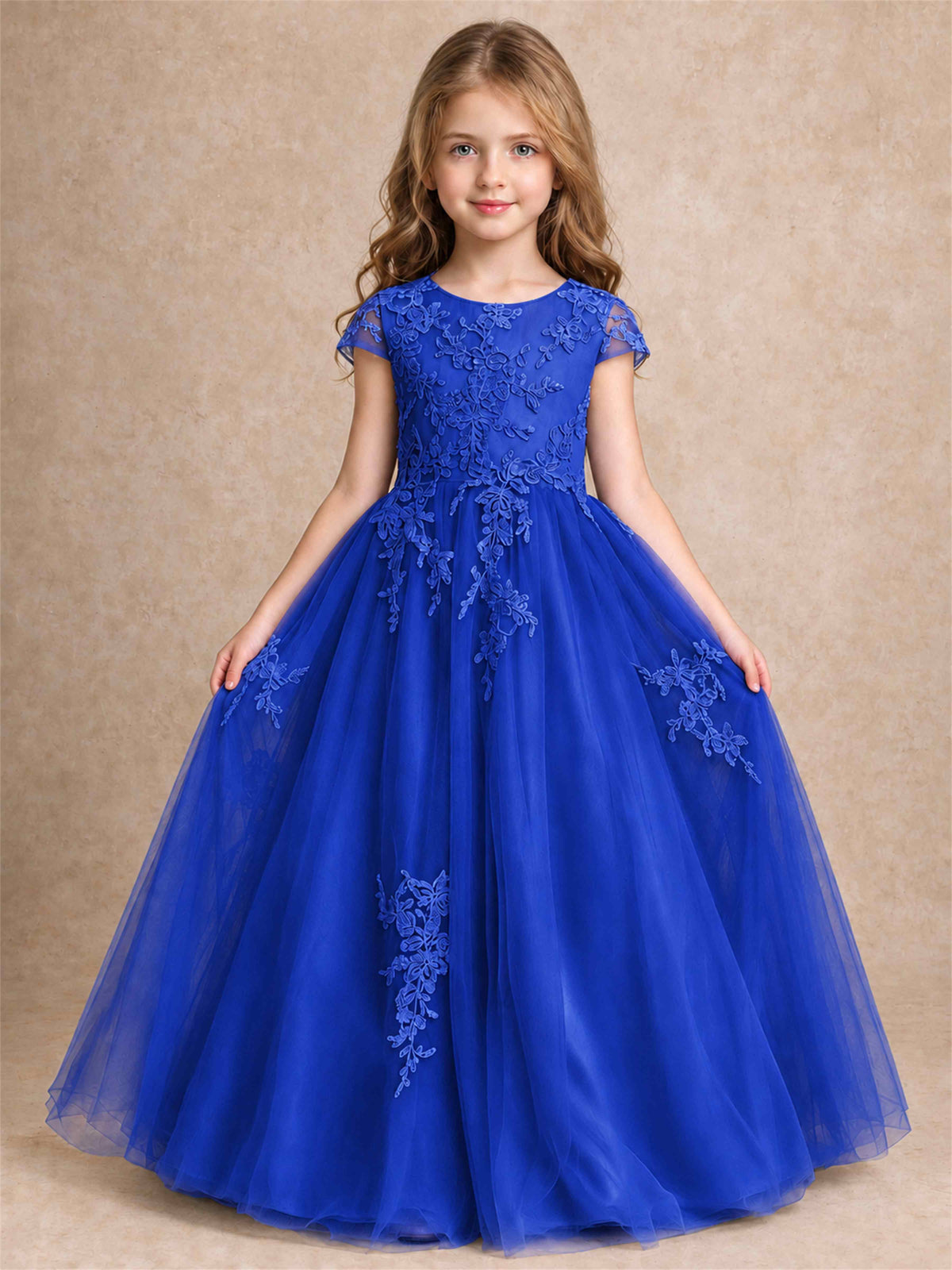 Cap Sleeve Lace Applique Tulle Flower Girl Dress Kids Wedding Party Princess Gown