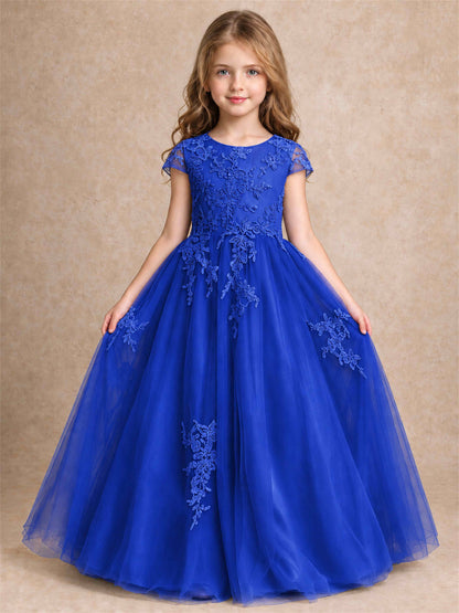 Cap Sleeve Lace Applique Tulle Flower Girl Dress Kids Wedding Party Princess Gown