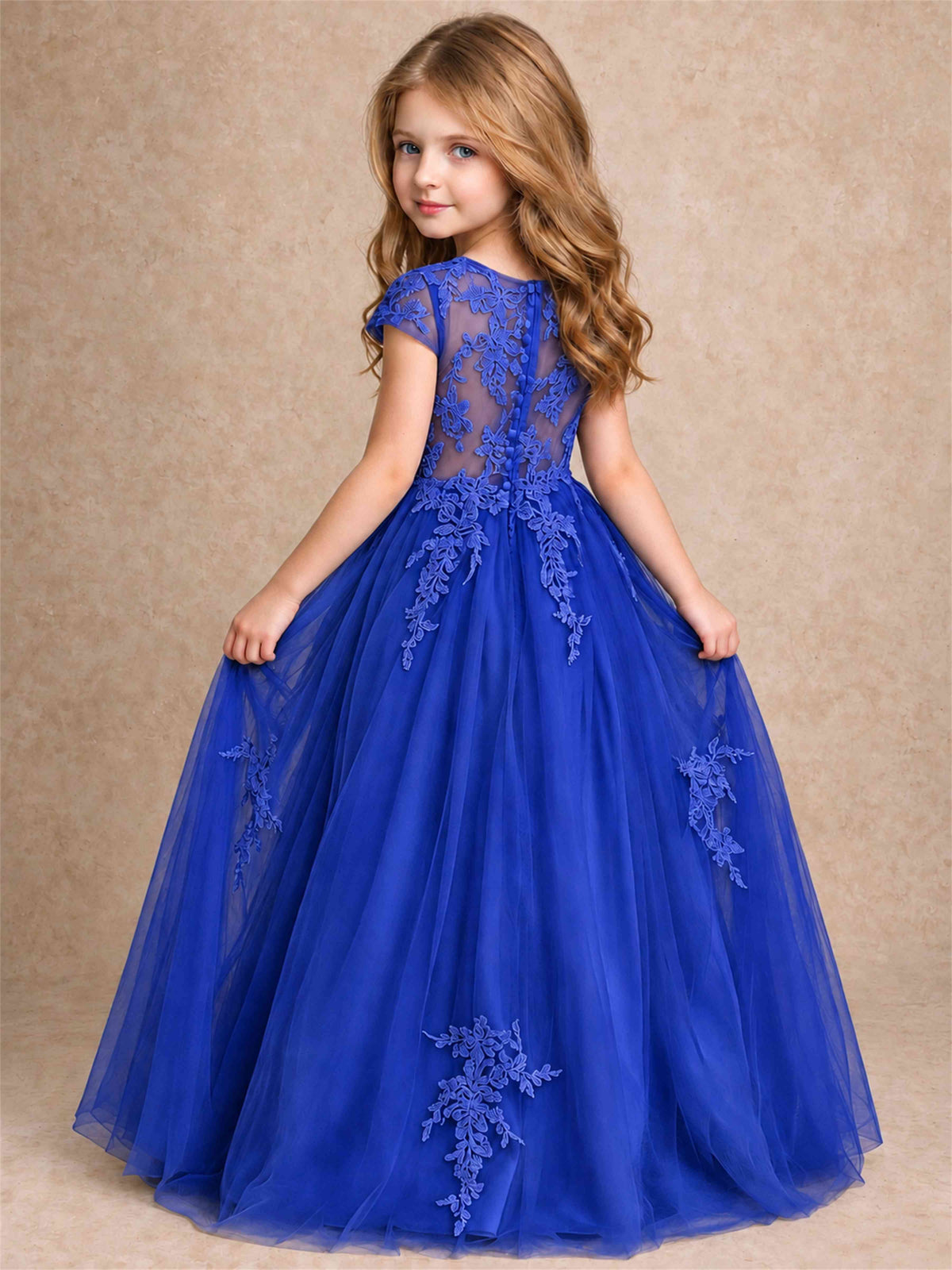 Cap Sleeve Lace Applique Tulle Flower Girl Dress Kids Wedding Party Princess Gown