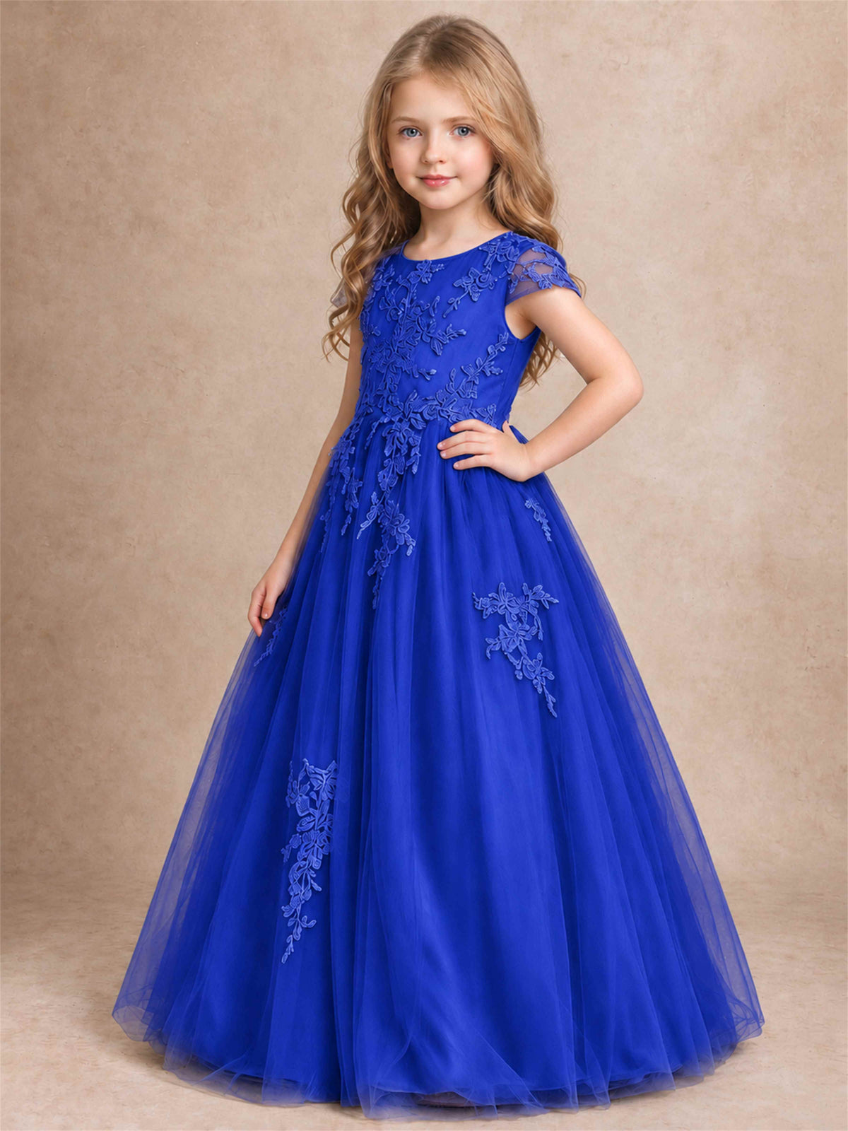 Cap Sleeve Lace Applique Tulle Flower Girl Dress Kids Wedding Party Princess Gown