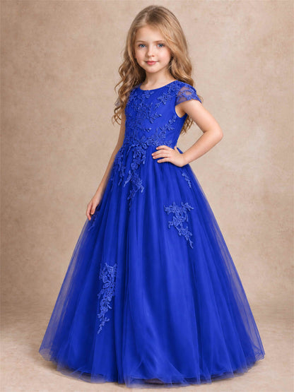 Cap Sleeve Lace Applique Tulle Flower Girl Dress Kids Wedding Party Princess Gown