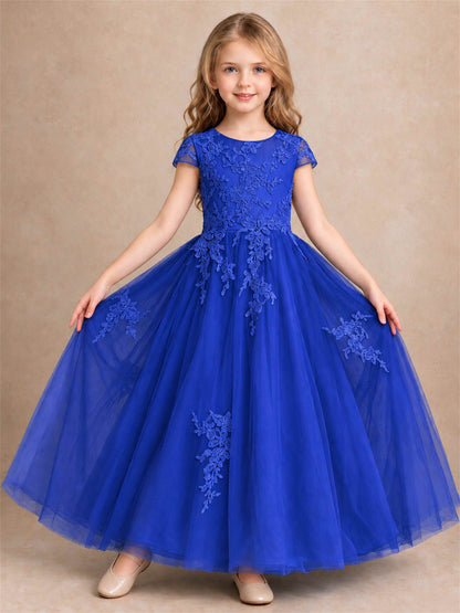Cap Sleeve Lace Applique Tulle Flower Girl Dress Kids Wedding Party Princess Gown