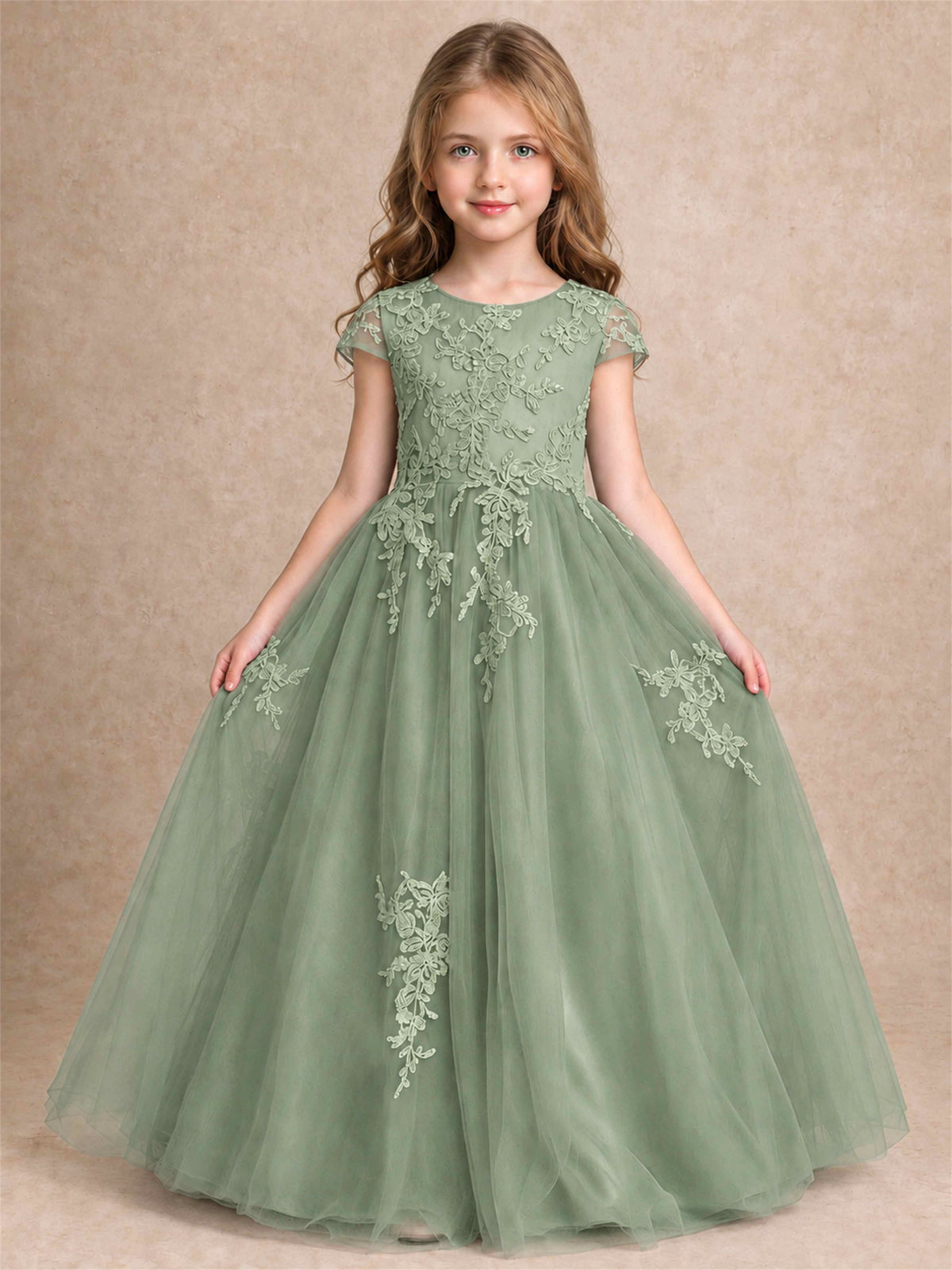 Cap Sleeve Lace Applique Tulle Flower Girl Dress Kids Wedding Party Princess Gown