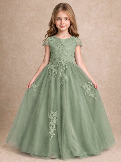 Cap Sleeve Lace Applique Tulle Flower Girl Dress Kids Wedding Party Princess Gown