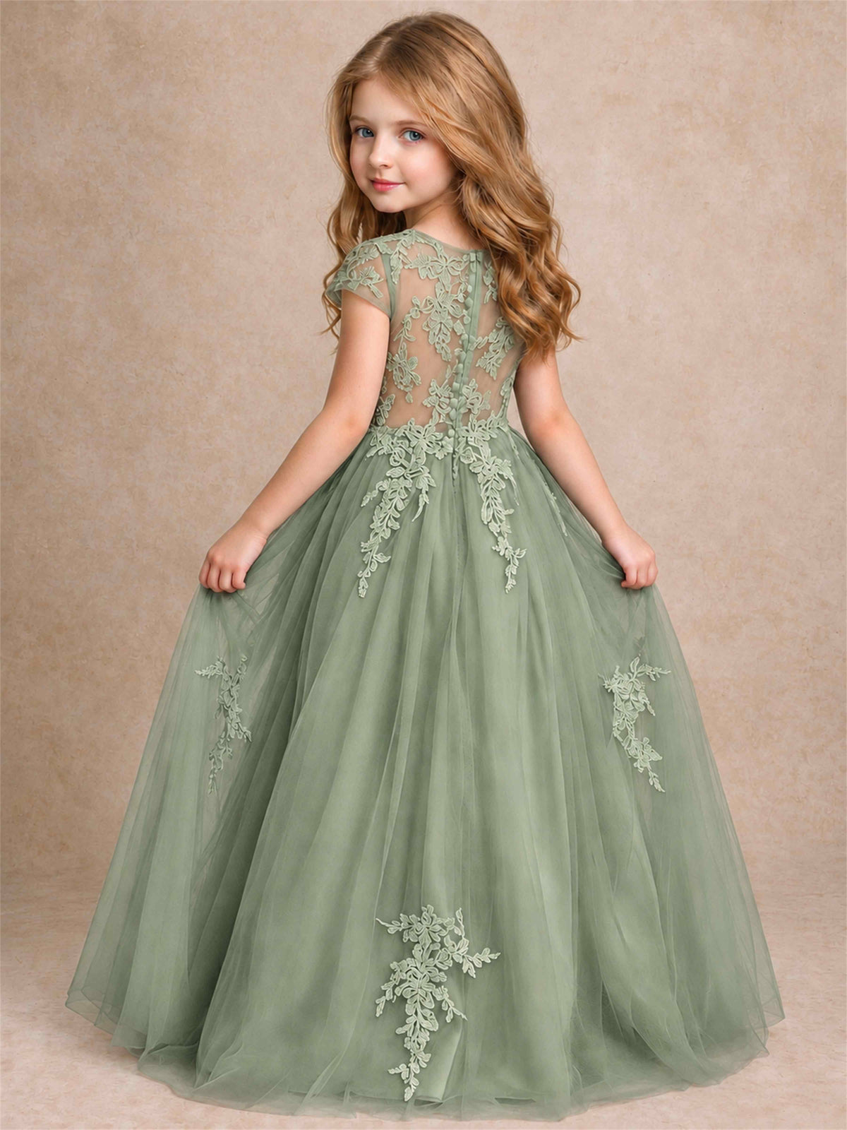 Cap Sleeve Lace Applique Tulle Flower Girl Dress Kids Wedding Party Princess Gown