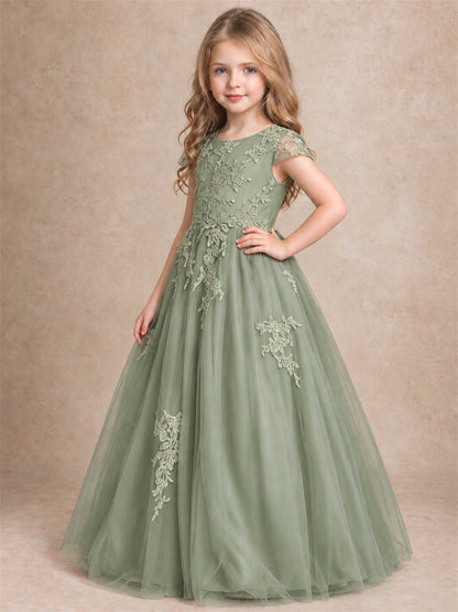 Cap Sleeve Lace Applique Tulle Flower Girl Dress Kids Wedding Party Princess Gown