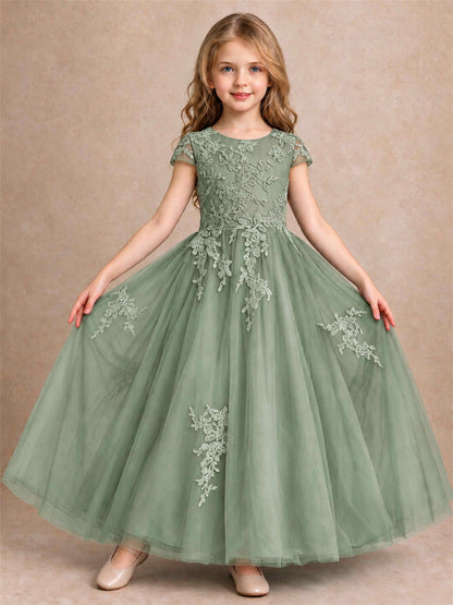 Cap Sleeve Lace Applique Tulle Flower Girl Dress Kids Wedding Party Princess Gown
