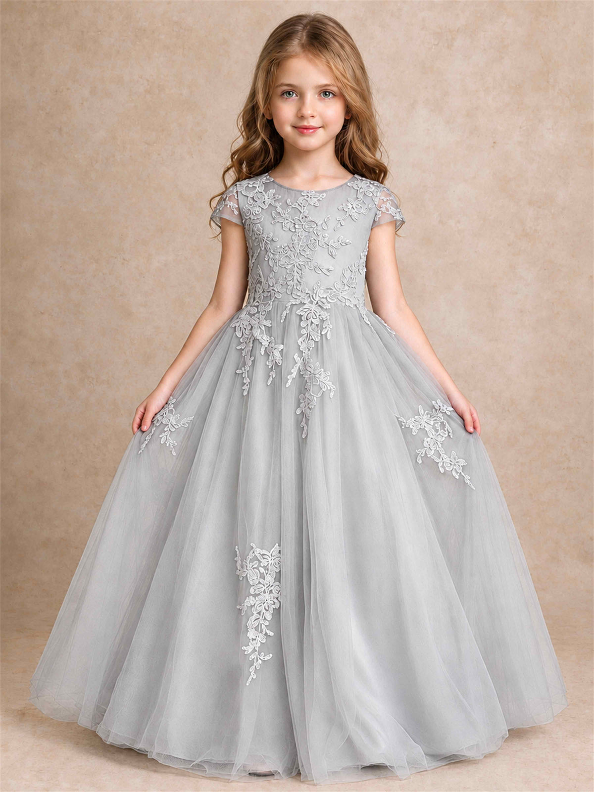 Cap Sleeve Lace Applique Tulle Flower Girl Dress Kids Wedding Party Princess Gown
